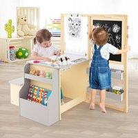 Costway Kids Art Easel & Table &Bench Set Wooden Art Activity Center w/Shelves in Grey