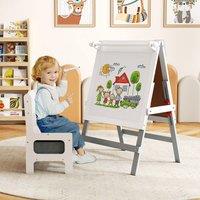 Costway Height-adjustable Kids Dual-sided Art Easel w/ Chair in Grey
