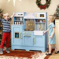 Costway Kids Wooden Play Kitchen Toy Kitchen Pretend Playset w/ Coffee Station in Blue