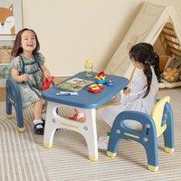 Costway 3Pcs Kids Table &Chair Set Activity Writing Table Set W/Storage Shelf in Blue