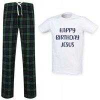60 SECOND MAKEOVER Men's Happy Birthday Jesus Tartan Trouser Pyjamas Set in Green | Size: Small