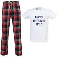60 SECOND MAKEOVER Men's Happy Birthday Jesus Tartan Trouser Pyjamas Set in Red | Size: Medium