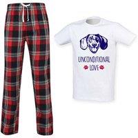 60 SECOND MAKEOVER Men's Dachshund Unconditional Love Tartan Trouser Pyjamas Set in Red | Size: Large