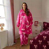 OHS Women's Bows Sherpa Fleece Loungewear Thermal Winter Hoodie Blanket in Bright Pink
