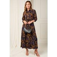 Love Sunshine Women's Purple Bronze Leaf Print Maxi Shirt Dress in Black | Size: 14