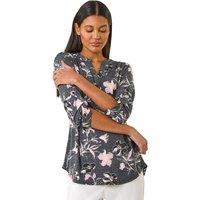 Roman Women's Textured Floral Print V-Neck Stretch Shirt in Pink | Size: 10