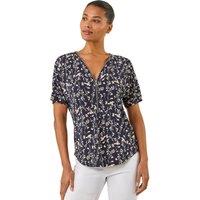 Roman Women's Floral Puff Print Zip Front Top in Navy | Size: 10