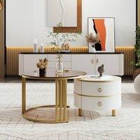 BTM Round Nesting Coffee Tables with 2 Drawers, 2-in-1 Set in White