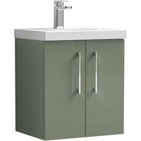 Balterley Contemporary Bathroom Wall Hung 2 Soft-Close Door Vanity Unit & Mid-Edge Basin, Satin Green, 500 mm in Green