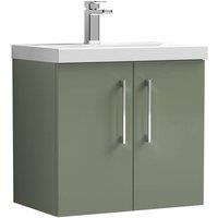 Balterley Contemporary Bathroom Wall Hung 2 Soft-Close Door Vanity Unit & Mid-Edge Basin, Satin Green, 600 mm in Green