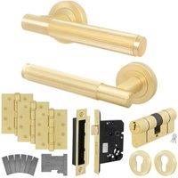 AFIT Brass Fire Door Handle Euro Lock Double Cylinder Satin Locks Hinges in Gold | Size: 150mm x 150mm