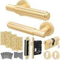 AFIT Brass Fire Door Handle Euro Lock Double Cylinder Satin Locks Hinges in Gold | Size: 150mm x 150mm