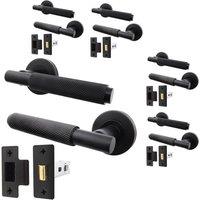 AFIT Black Knurled Door Handles Set Pack of 5 Internal Handles 64mm Latch | Size: 150mm x 150mm