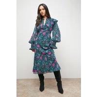 Oasis Women's Printed Shirred Cuff Tea Midi Dress in Black | Size: 8