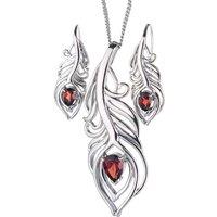 Ojewellery Women's Garnet Peacock Feather Pendant Earring Set in Silver | Size: 22 inches