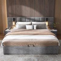 Matteo Upholstered King Bed with Hydraulic Storage & USB Charging in Grey | Size: Double