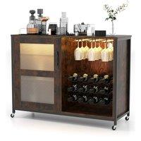 Costway Wooden Wine Bar Cabinet Rolling Kitchen Buffet Sideboard w/LED Lights in Brown