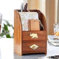 Coopers of Stortford Sheesham Wood Desk Organiser with Drawer for Stationery in Brown