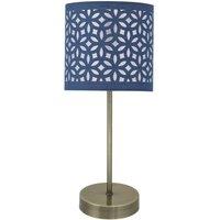First Choice Lighting Antique Brass Stick Table Lamp with Navy Blue Laser Cut Shade in Bronze