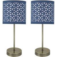 First Choice Lighting Set of 2 Antique Brass Stick Table Lamps with Navy Blue Cut Shades in Bronze
