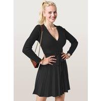 Women's V-Neck Ribbed Pleated Knitted A-Line Dress in Black | Size: 2XL