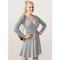 Women's V-Neck Ribbed Pleated Knitted A-Line Dress in Light Grey | Size: Large