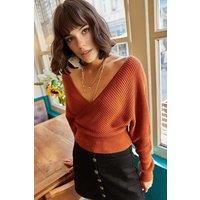 HOXTON GAL Women's Front & Back V-Neck Cropped Regular Fit Knit Sweater in Terracotta | Size: Small