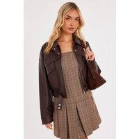 Quiz Women's Brown Faux Leather Cropped Bomber Jacket | Size: Small