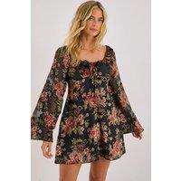 NastyGal Women's Floral Devore Tie Front Fluted Sleeve Mini Dress in Black | Size: 8