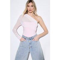MissPap Women's Mesh One Shoulder Bodysuit in Baby Pink | Size: 14
