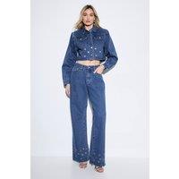 MissPap Women's Eyelet Detail Denim Jean in Mid Wash | Size: 14