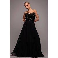 Goddiva Women's Feather Off-The Shoulder Pleated Evening Maxi Dress in Black | Size: 18