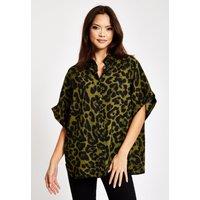 Liquorish Women's Khaki Animal Print Shirt With Short Sleeves | Size: 10