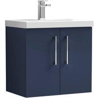 Balterley Contemporary Bathroom Wall Hung 2 Soft-Close Door Vanity Unit & Mid-Edge Ceramic Basin, Midnight Blue, 600 mm in Blue