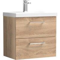 Balterley Contemporary Bathroom Wall Hung 2 Soft-Close Drawer Vanity Unit with Mid-Edge Ceramic Basin, Bleached Oak, 600 mm in Brown