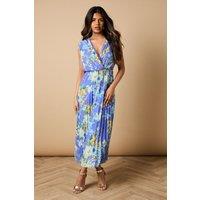 Oasis Women's Petite Occasion Floral Pleated Wrap Midaxi Dress in Blue | Size: 10