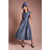 Coast Women's Lisa Tan Cap Sleeve Jacquard Full Skirted Midi Dress in Slate | Size: 12