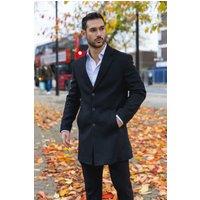 Infinity Leather Men's Notched Lapel Collar Wool Blend Overcoat in Black | Size: 46R