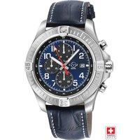 GV2 Men's T38 SS Case, Enamel Blue Dial with White print, 3 Black sub dial, Black/White stitching Handmade Italian Leather Strap