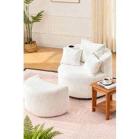Living and Home 360 Corduroy Swivel Sofa and Footstool with Cup Holder and Pillows in White