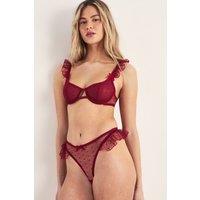 NastyGal Women's Mesh Polka Dot Ruffle Detail Lingerie Set in Burgundy | Size: Large
