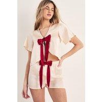NastyGal Women's Velvet Bow Detail Pajama Shorts Set in Champagne | Size: Large