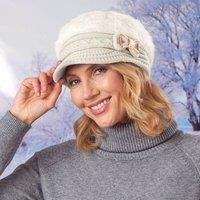 Amelie Di Santi Women's Cloche Peak Hat, Cable Knit With Fleece Lining & Diamante Bow in Cream