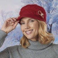 Amelie Di Santi Women's Cloche Peak Hat, Cable Knit With Fleece Lining & Diamante Bow in Red