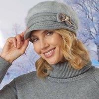 Amelie Di Santi Women's Cloche Peak Hat, Cable Knit With Fleece Lining & Diamante Bow in Grey