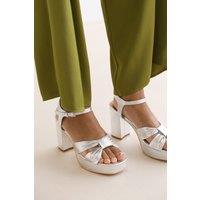 Where's That From Women's 'Verna' Mid Block Heel With Platform & Bow Detailing in Silver | Size: 4