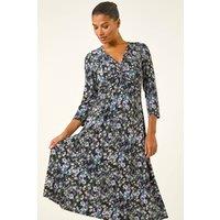 Roman Women's Floral Twisted Front Stretch Midi Dress | Size: 10