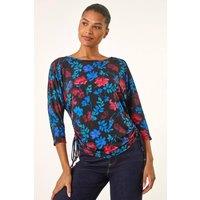 Roman Women's Floral Print Tie Detail Stretch Top in Blue | Size: 14