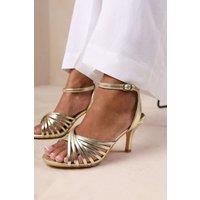 Where's That From Women's 'Cyprus' Multi Cross Over Strap Mid Heels in Gold | Size: 7