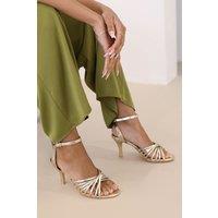 Where's That From Women's 'Raelynn' Multi Cross Over Strap Mid Heels in Gold | Size: 3
